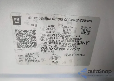 2019 Chevrolet Equinox Lt z USA, uszkodzony, nr VIN 2GNAXKEV5K6177547